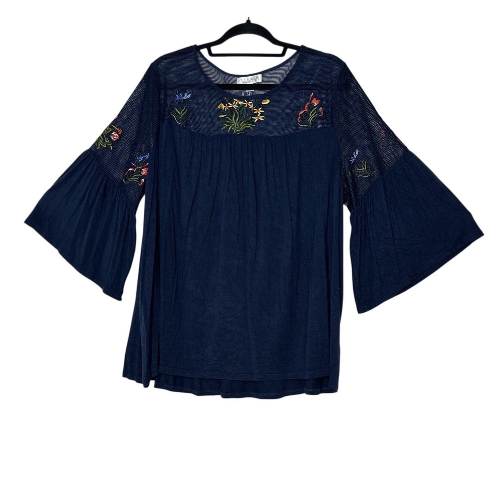 Studio JPR Tunic Top‎ Women's 1X Plus Navy Boho 3/4 Sleeve Embroidered Stretch